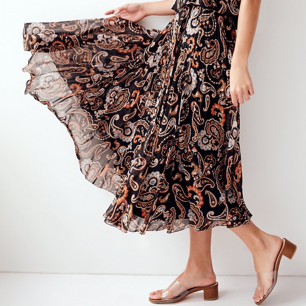 Aritzia Black Paisley Midi Skirt with Rust and Cream Accents